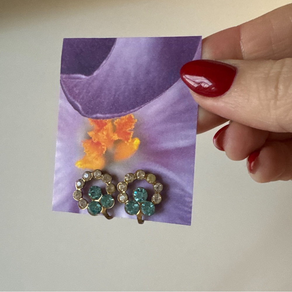 vintage rhinestone clip-on earrings in gold and blue